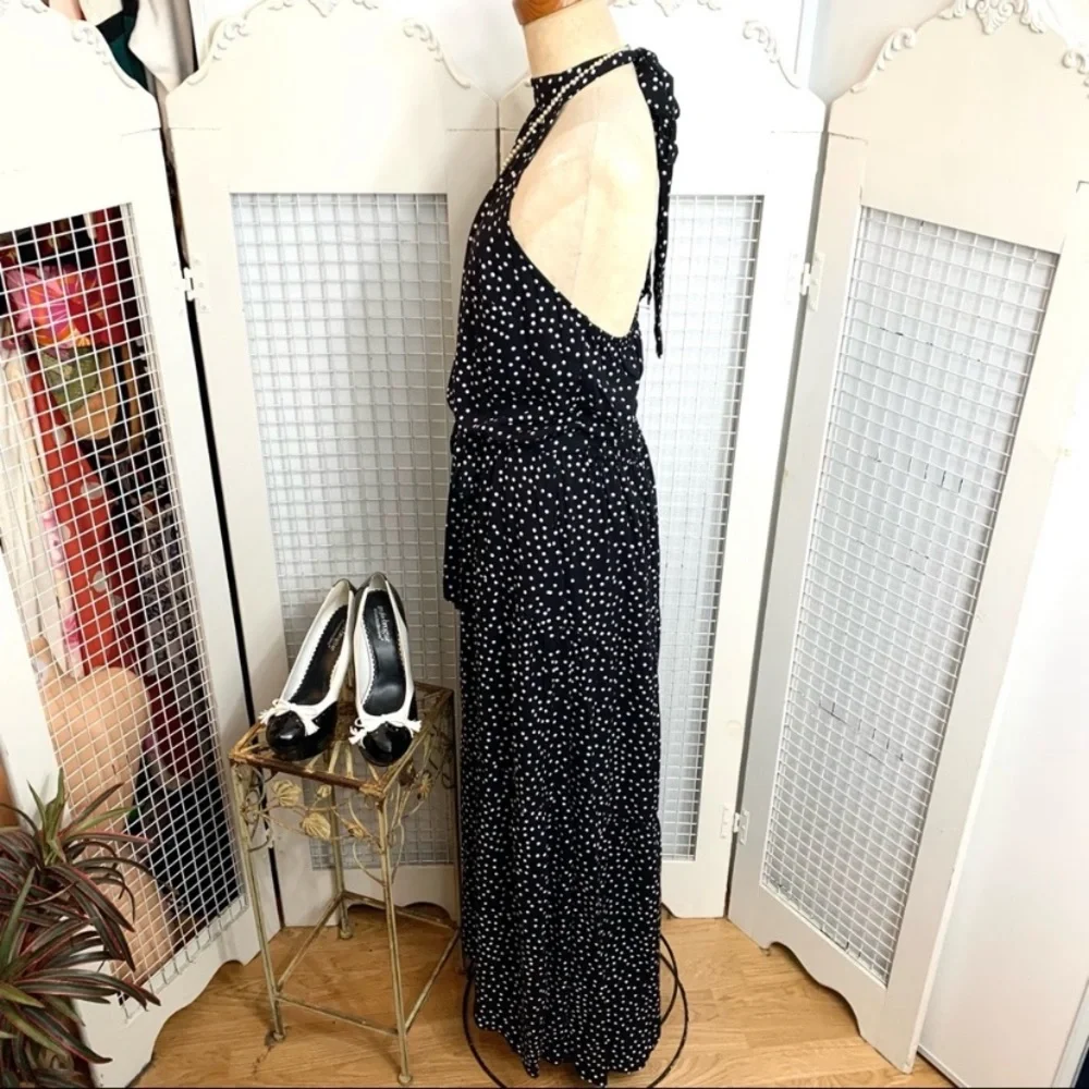 Temofon black with white polka dots backless halter maxi sundress- M - Picture 3 of 10